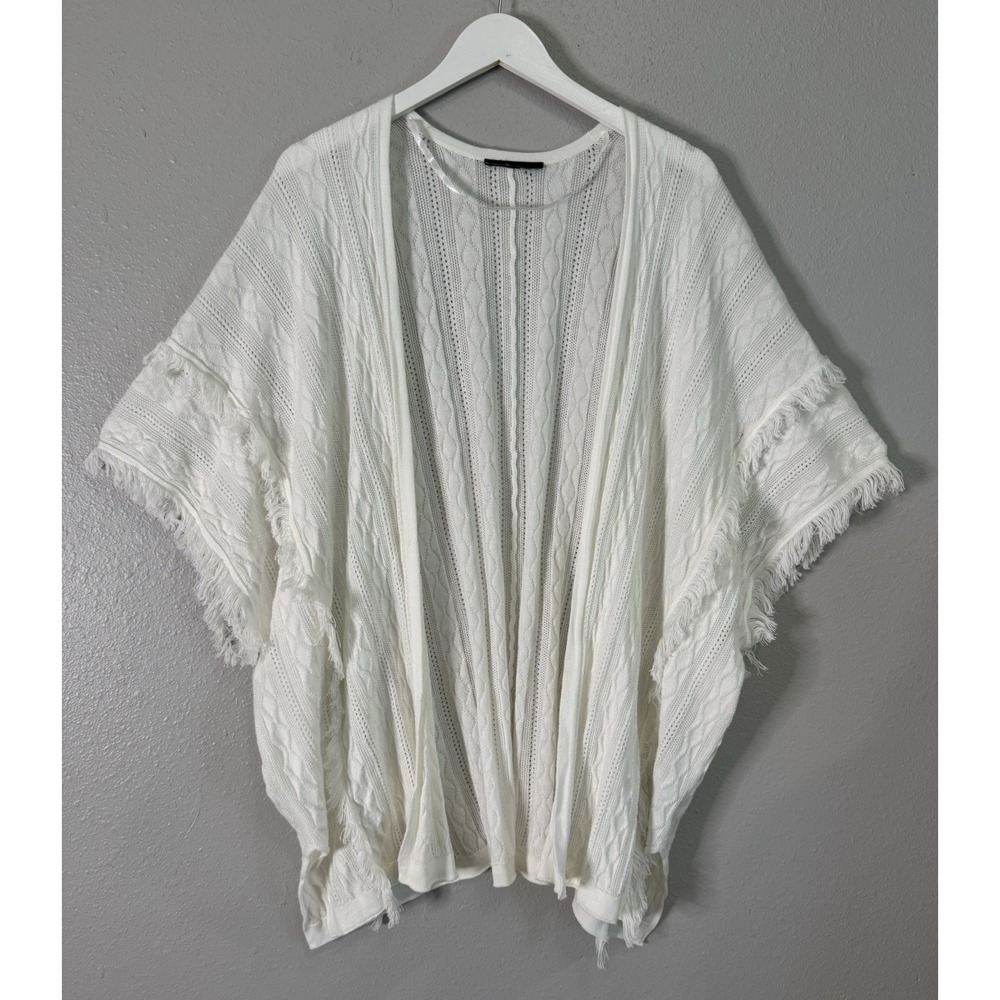 Cable Knit Fringe Open Front Cotton Kimono Cardigan Boho One Size Winter White